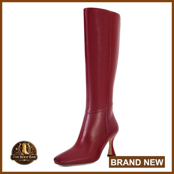 Shoes - Black Leather Knee High Boots Stiletto Kitten Heel Square Toe Side Zipper